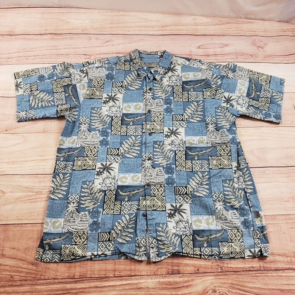 VINTAGE Go Barefoot Shirt Mens Extra Large Blue Button Up Hawaiian Camp Adult A2